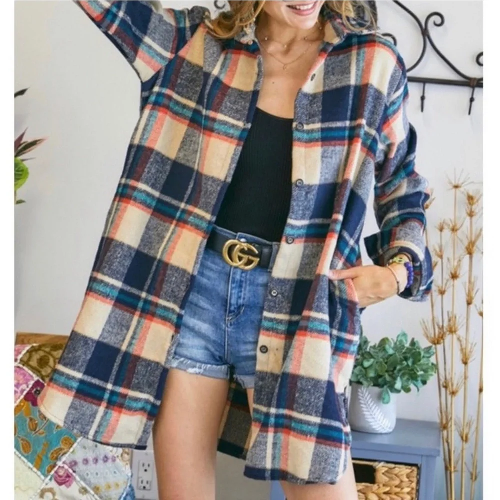 Flannel Plaid Shirt Long Shacket Multi Sizes NWT - Picture 6 of 8
